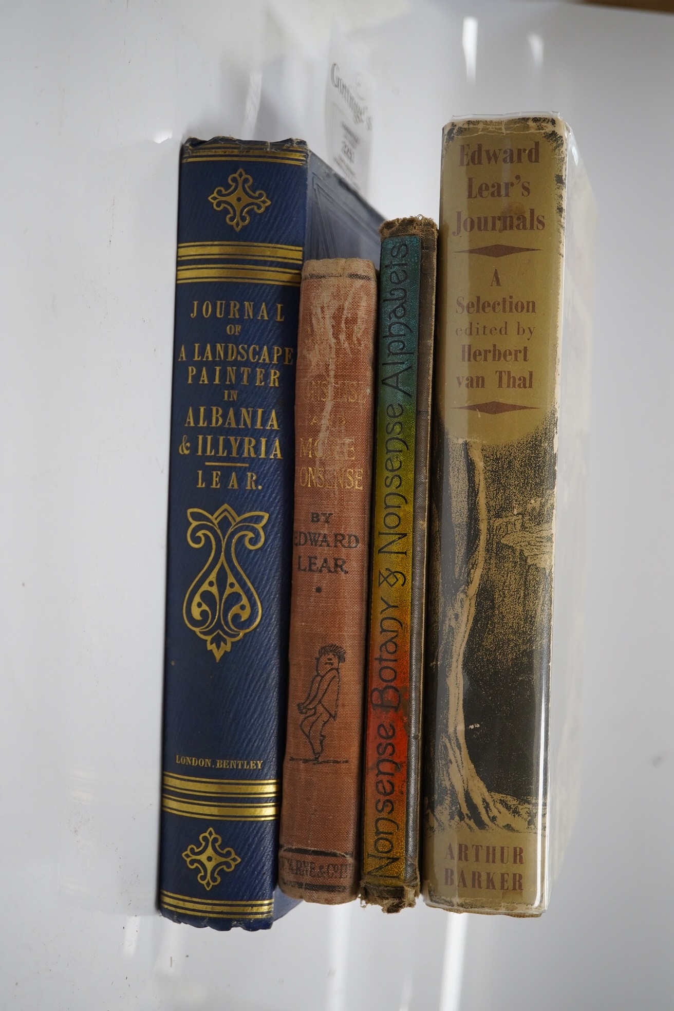 Lear, Edward - Journals of a Landscape Painter in Albania, 1st edition, original blind stamp blue cloth, gilt titles, spine bumped, small tear to upper front hinge, with litho map and 20 tinted litho plates, Richard Bent